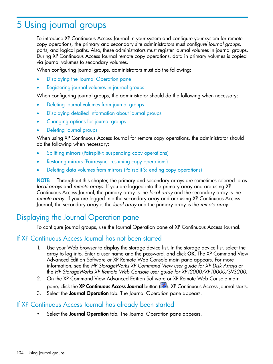 5 using journal groups, Displaying the journal operation pane, Using journal groups | HP XP Continuous Access Software User Manual | Page 104 / 215