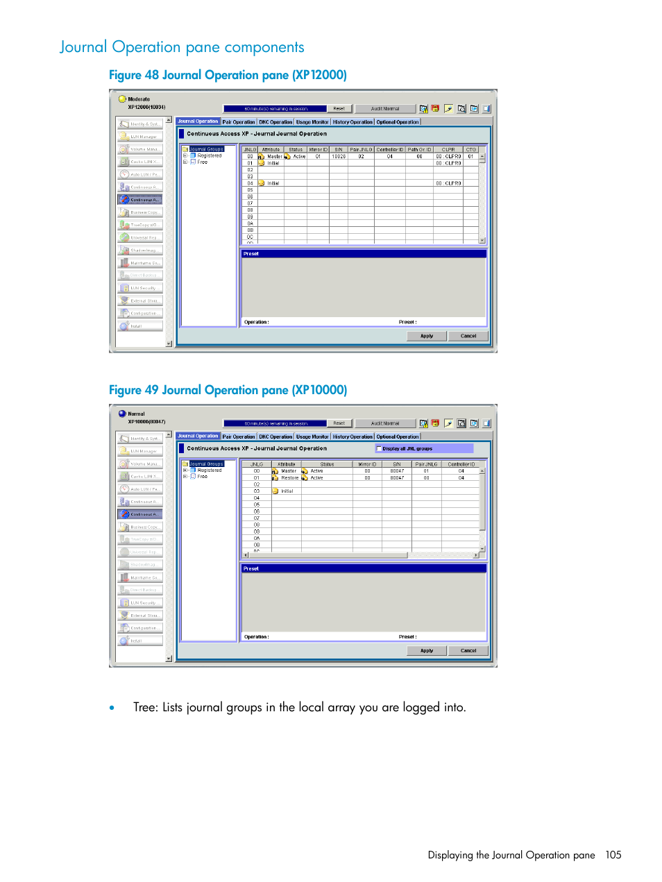 Journal operation pane components | HP XP Continuous Access Software User Manual | Page 105 / 215