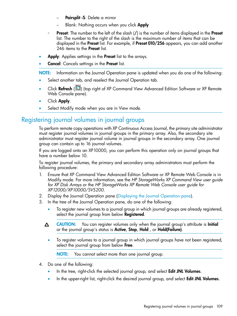 Registering journal volumes in journal groups | HP XP Continuous Access Software User Manual | Page 109 / 215