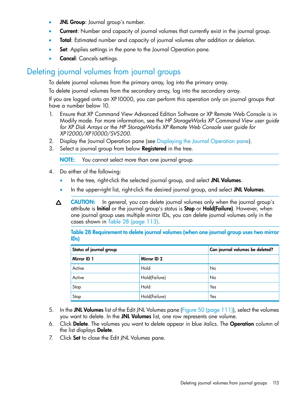 Deleting journal volumes from journal groups, Deleting journal volumes from, Journal groups | HP XP Continuous Access Software User Manual | Page 113 / 215