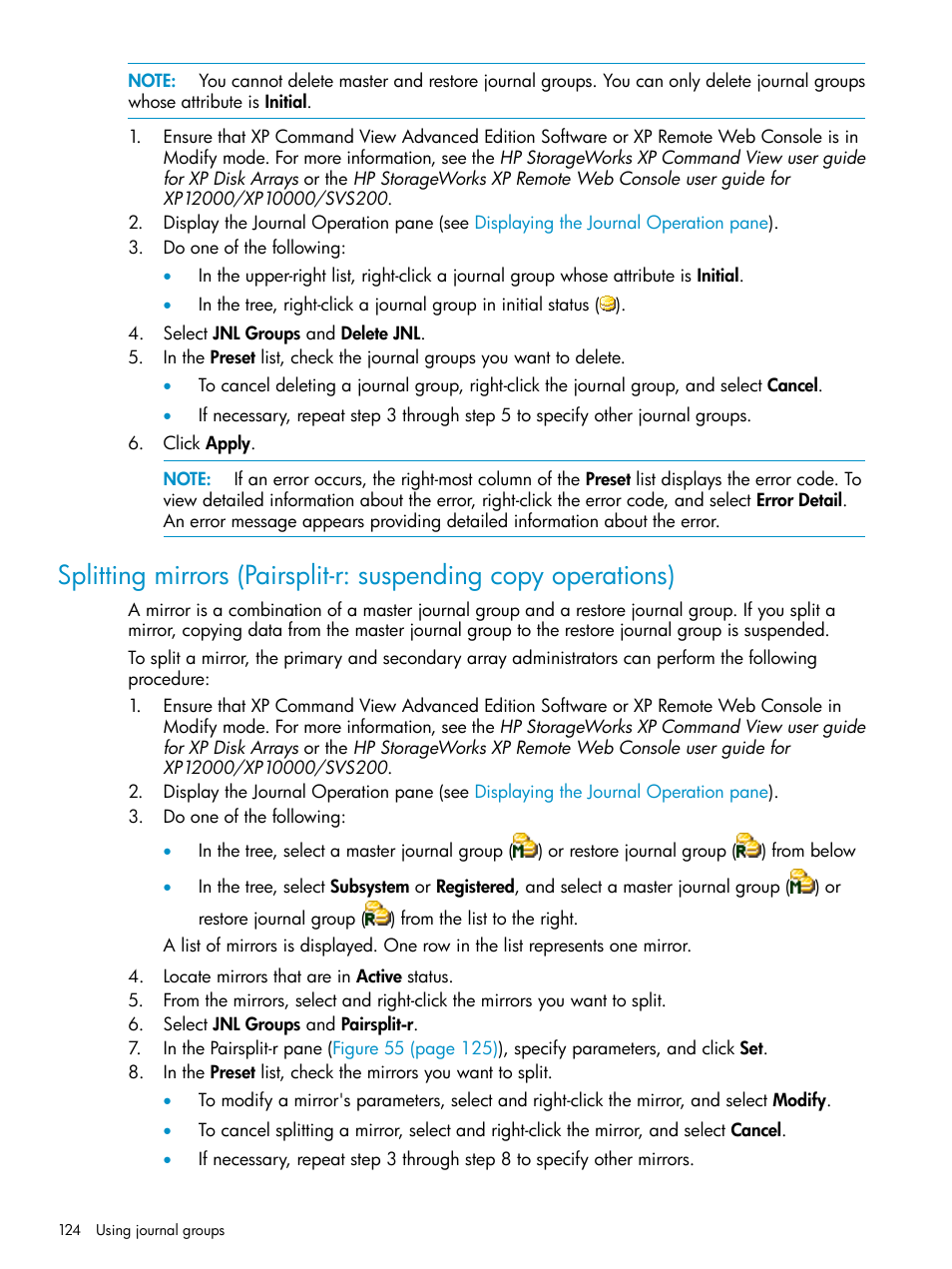 Splitting mirrors (pairsplit-r: suspending copy, Operations), Splitting mirrors (pairsplit-r: suspending | Copy operations) | HP XP Continuous Access Software User Manual | Page 124 / 215