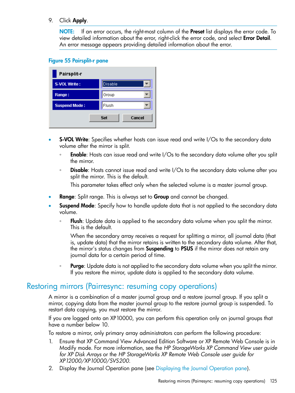 Restoring mirrors (pairresync: resuming, Copy operations) | HP XP Continuous Access Software User Manual | Page 125 / 215