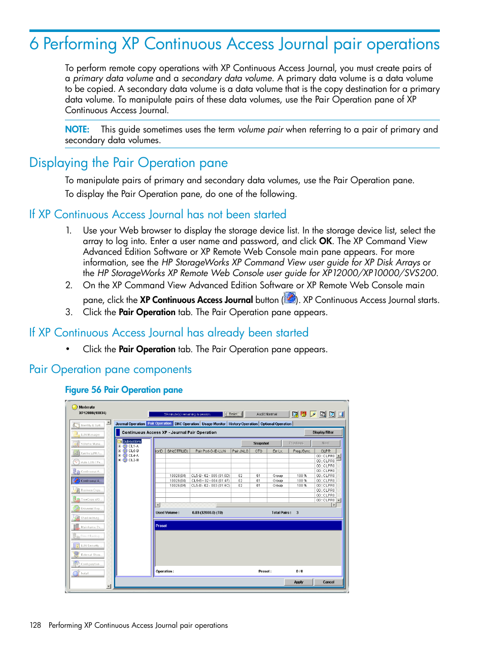 Displaying the pair operation pane, Pair operation pane components | HP XP Continuous Access Software User Manual | Page 128 / 215