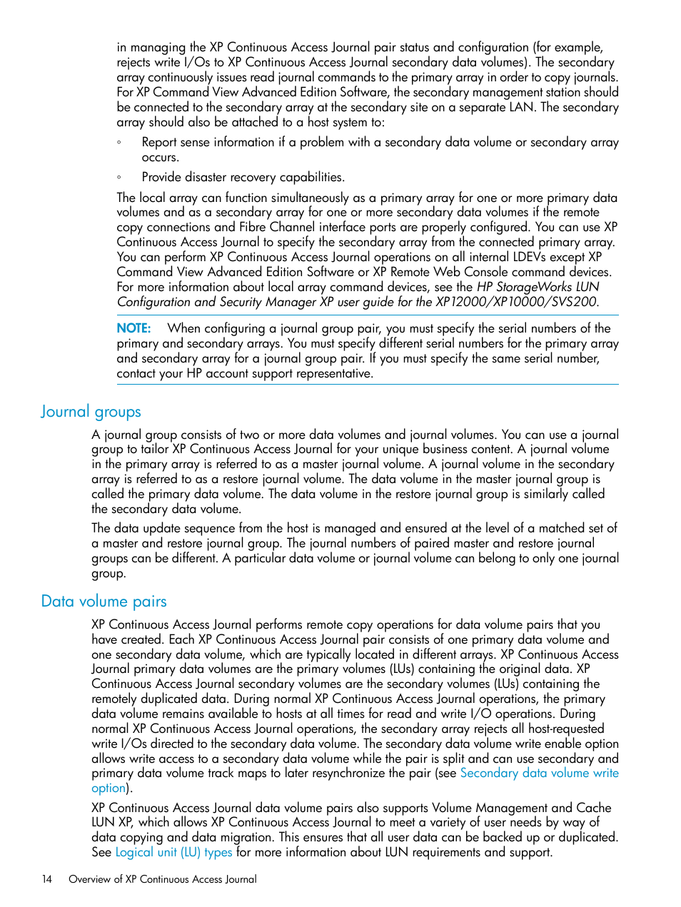 Journal groups, Data volume pairs, Journal groups data volume pairs | HP XP Continuous Access Software User Manual | Page 14 / 215