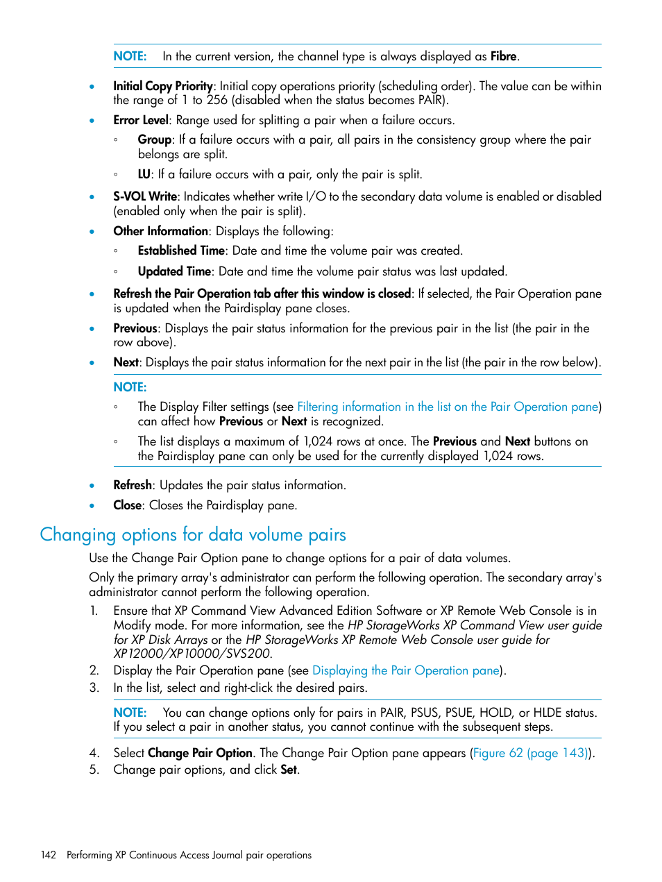 Changing options for data volume pairs | HP XP Continuous Access Software User Manual | Page 142 / 215