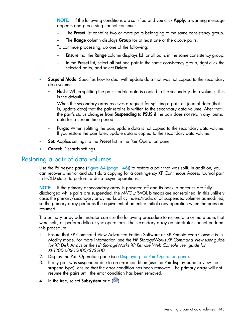 Restoring a pair of data volumes, Restoring a pair of data, Volumes | HP XP Continuous Access Software User Manual | Page 145 / 215