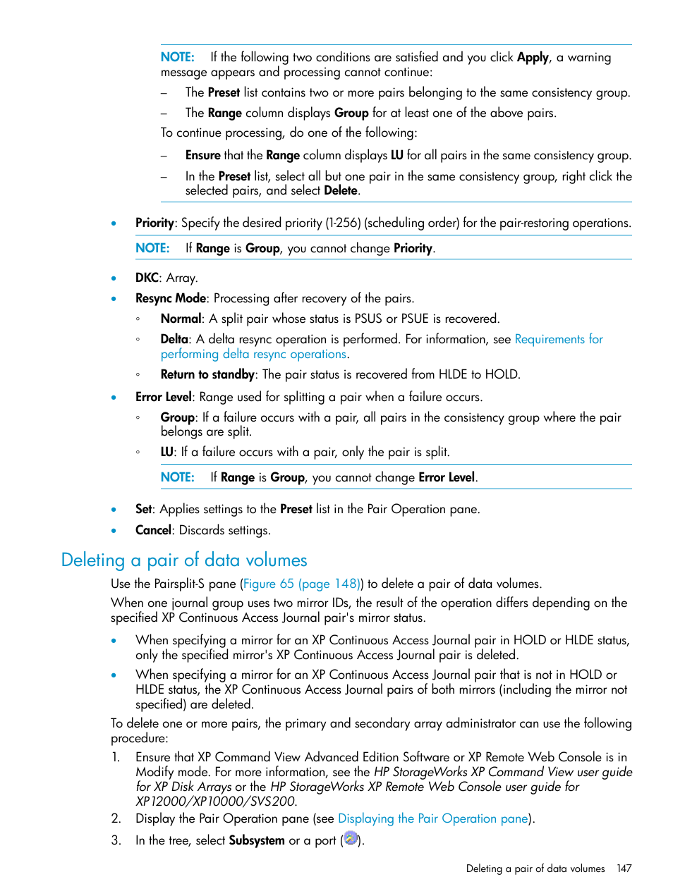 Deleting a pair of data volumes | HP XP Continuous Access Software User Manual | Page 147 / 215