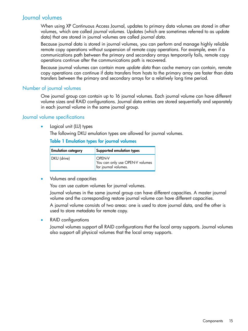 Journal volumes, Number of journal volumes, Journal volume specifications | HP XP Continuous Access Software User Manual | Page 15 / 215