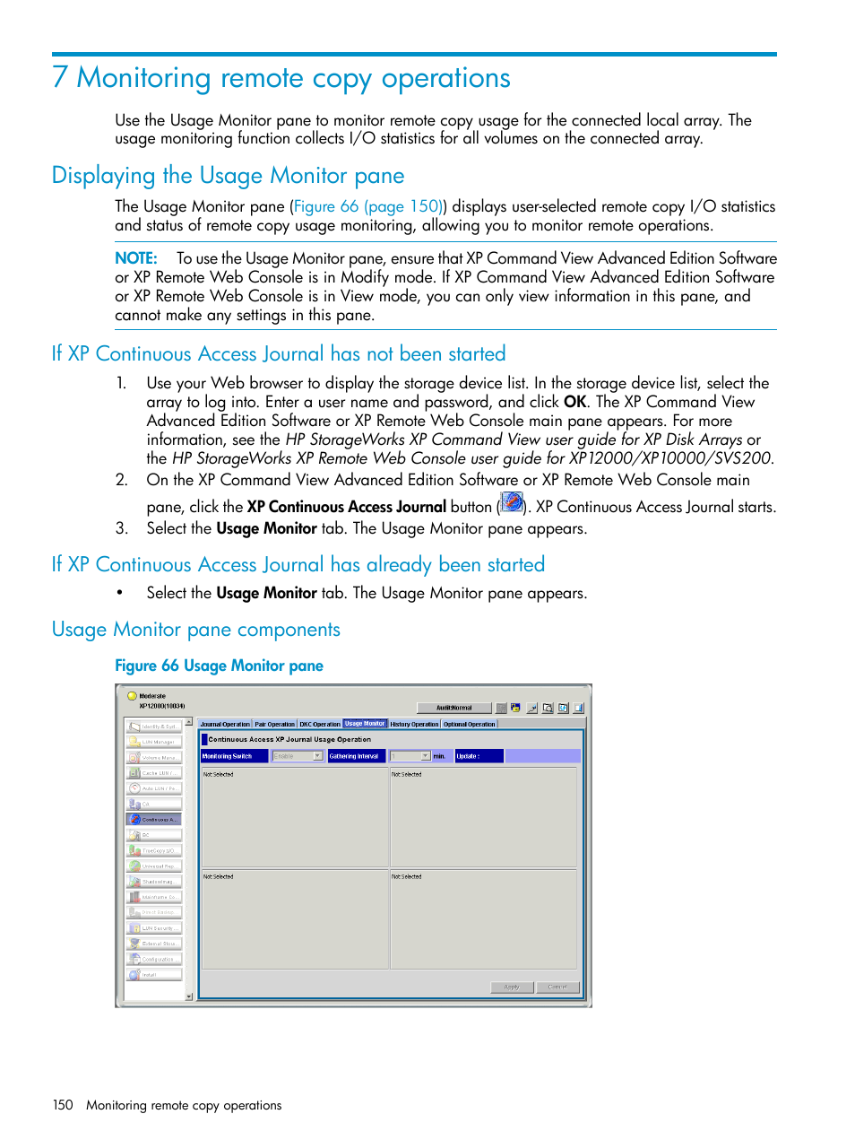 7 monitoring remote copy operations, Displaying the usage monitor pane, Usage monitor pane components | Monitoring remote copy operations | HP XP Continuous Access Software User Manual | Page 150 / 215