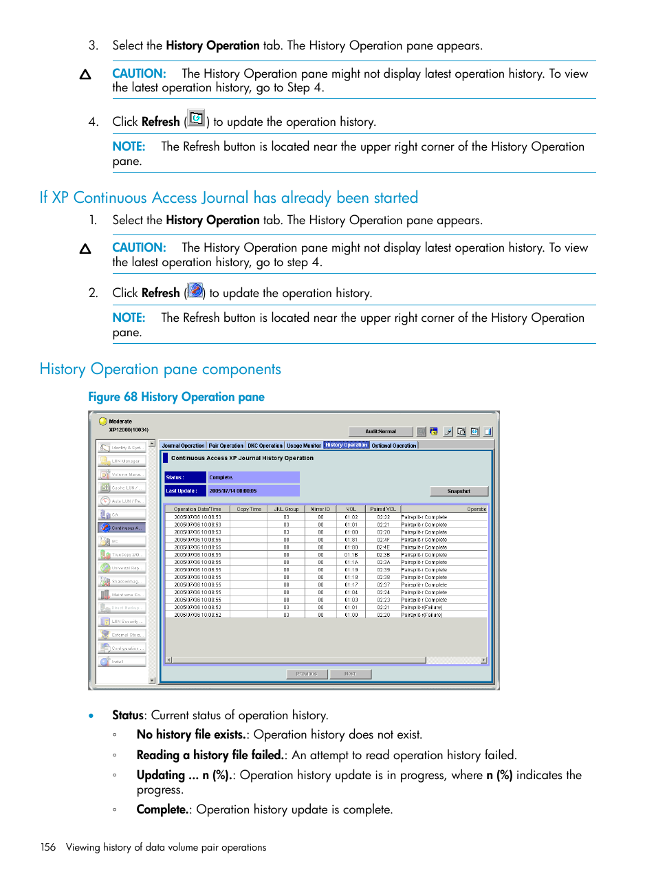 History operation pane components | HP XP Continuous Access Software User Manual | Page 156 / 215