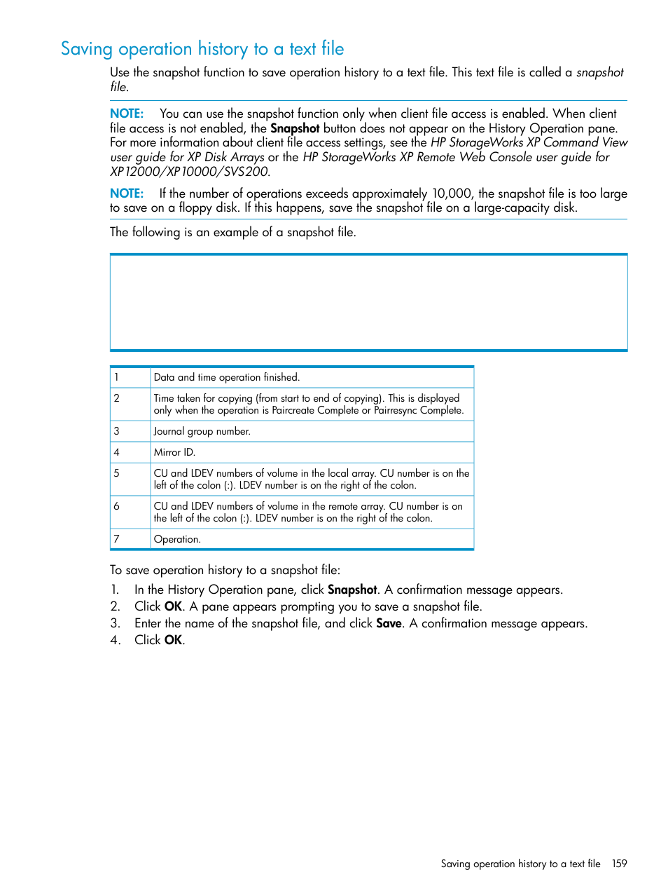 Saving operation history to a text file | HP XP Continuous Access Software User Manual | Page 159 / 215