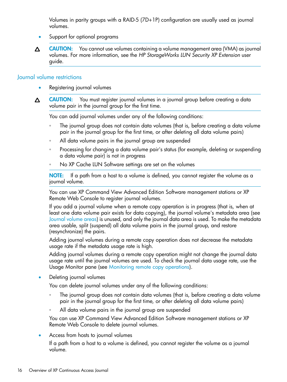 Journal volume restrictions | HP XP Continuous Access Software User Manual | Page 16 / 215