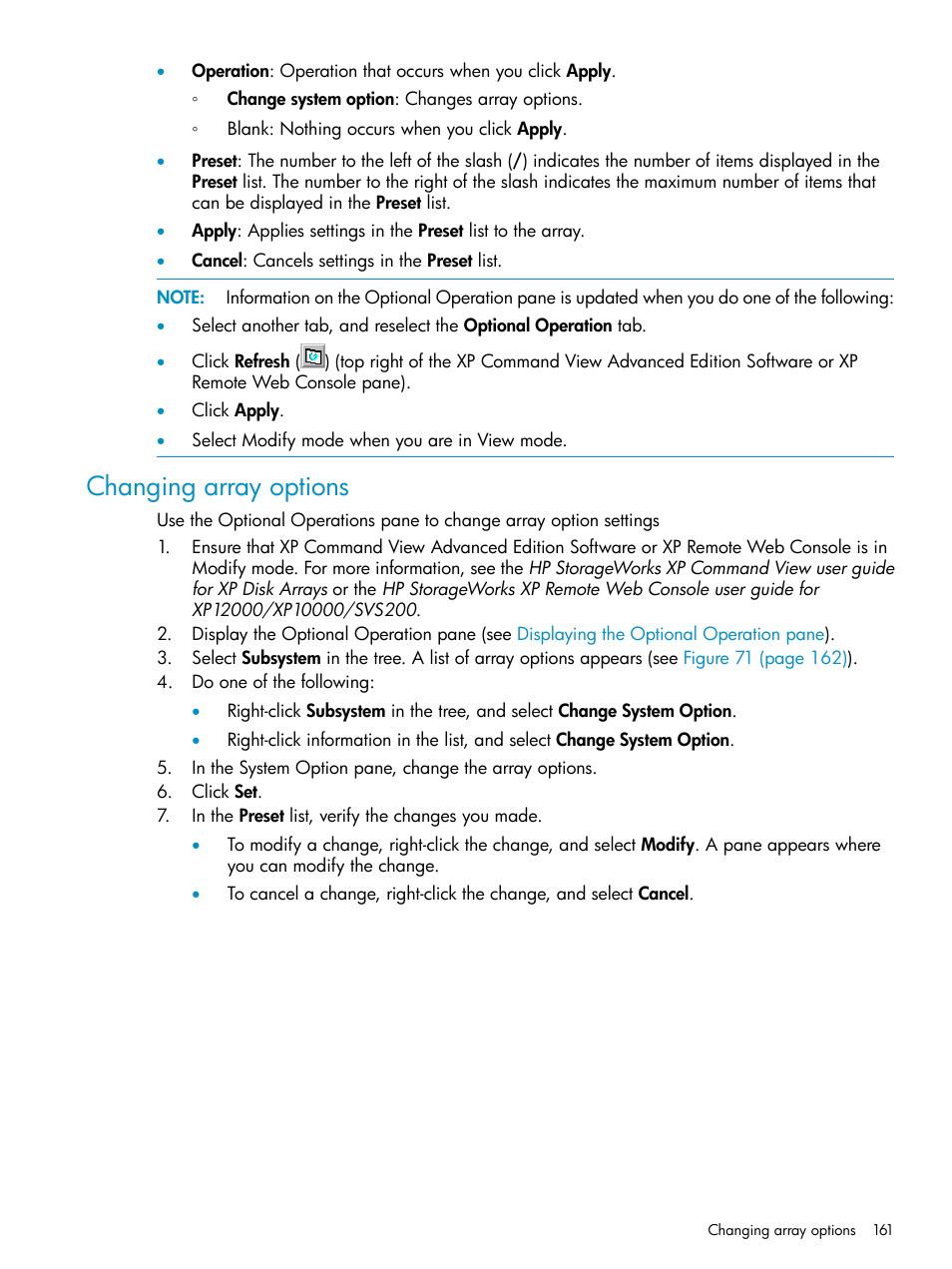 Changing array options | HP XP Continuous Access Software User Manual | Page 161 / 215