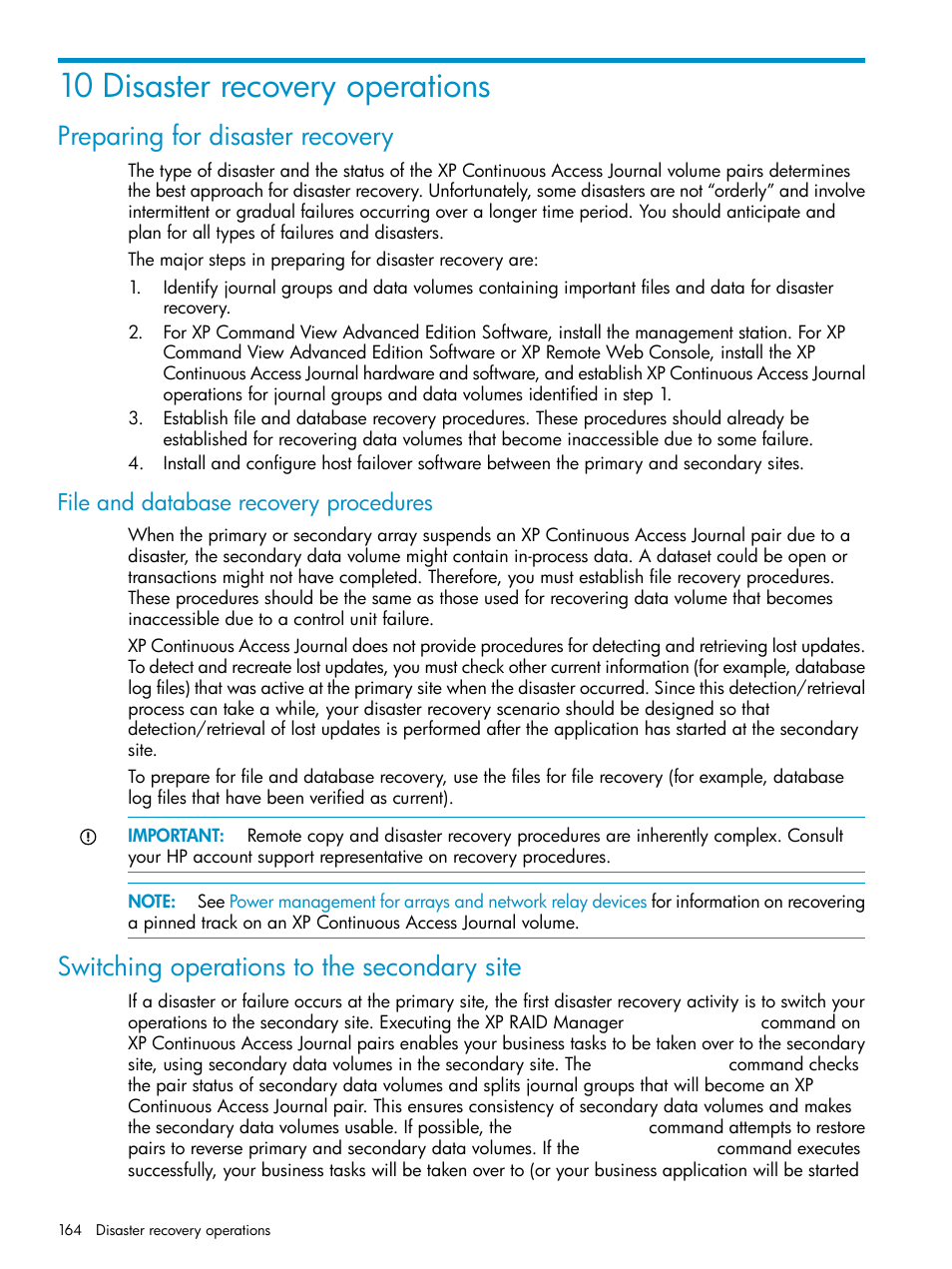 10 disaster recovery operations, Preparing for disaster recovery, File and database recovery procedures | Switching operations to the secondary site | HP XP Continuous Access Software User Manual | Page 164 / 215