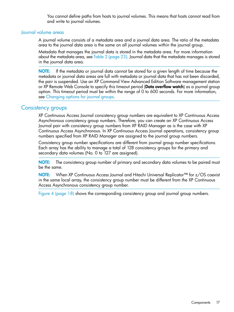 Journal volume areas, Consistency groups | HP XP Continuous Access Software User Manual | Page 17 / 215