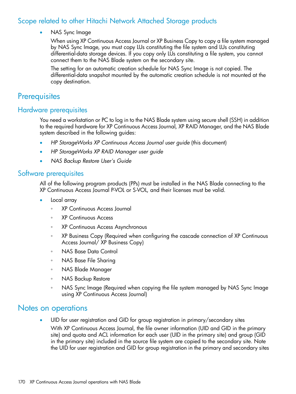 Prerequisites, Hardware prerequisites, Software prerequisites | Notes on operations, Hardware prerequisites software prerequisites | HP XP Continuous Access Software User Manual | Page 170 / 215