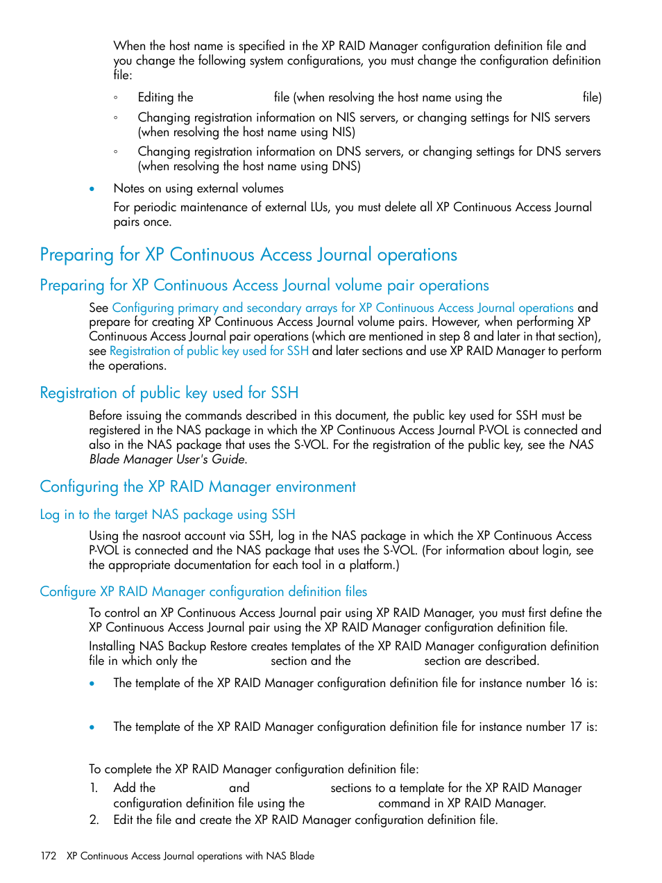 Registration of public key used for ssh, Configuring the xp raid manager environment, Log in to the target nas package using ssh | HP XP Continuous Access Software User Manual | Page 172 / 215