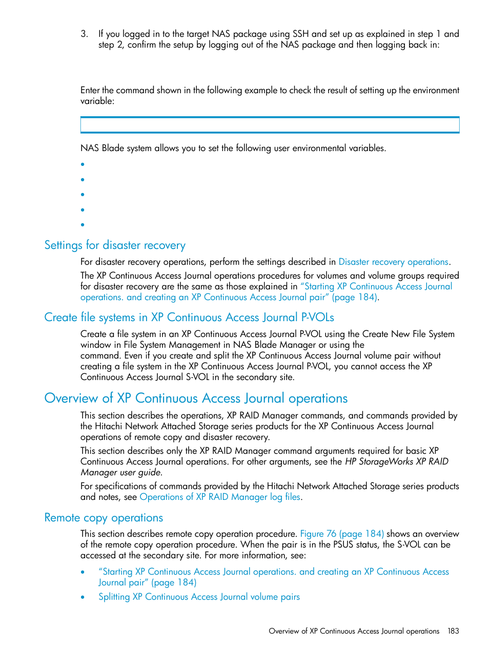 Settings for disaster recovery, Remote copy operations, Create file systems in xp continuous | Access journal p-vols | HP XP Continuous Access Software User Manual | Page 183 / 215