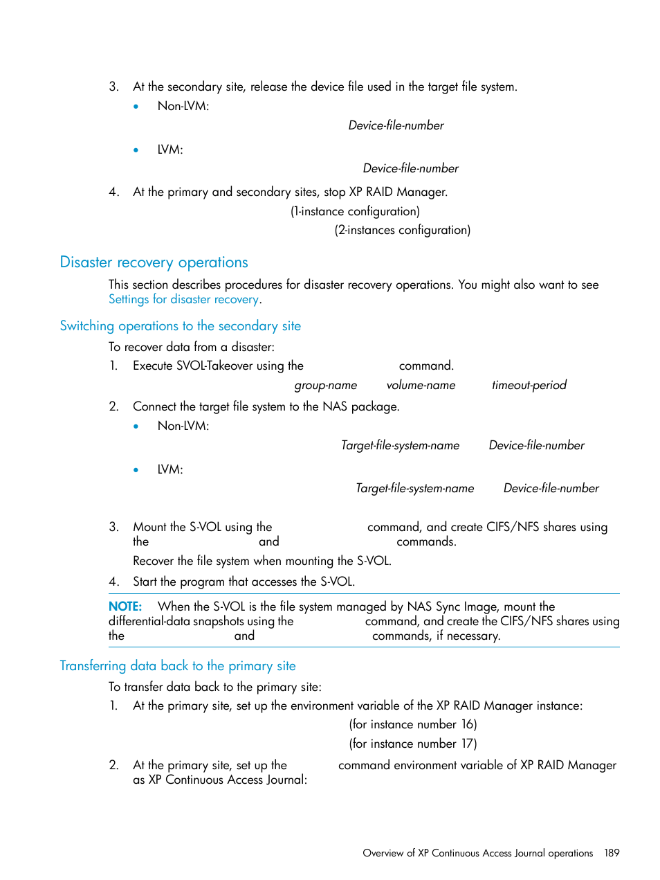 Disaster recovery operations, Switching operations to the secondary site, Transferring data back to the primary site | HP XP Continuous Access Software User Manual | Page 189 / 215