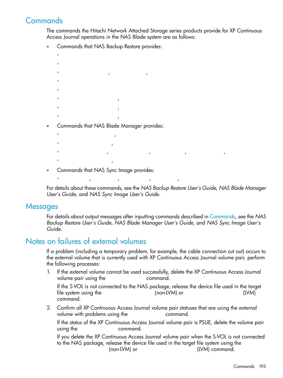 Commands, Messages, Notes on failures of external volumes | HP XP Continuous Access Software User Manual | Page 193 / 215