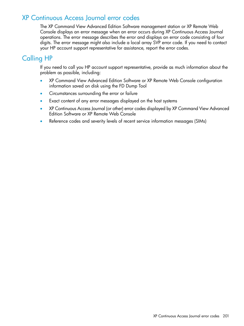 Xp continuous access journal error codes, Calling hp | HP XP Continuous Access Software User Manual | Page 201 / 215