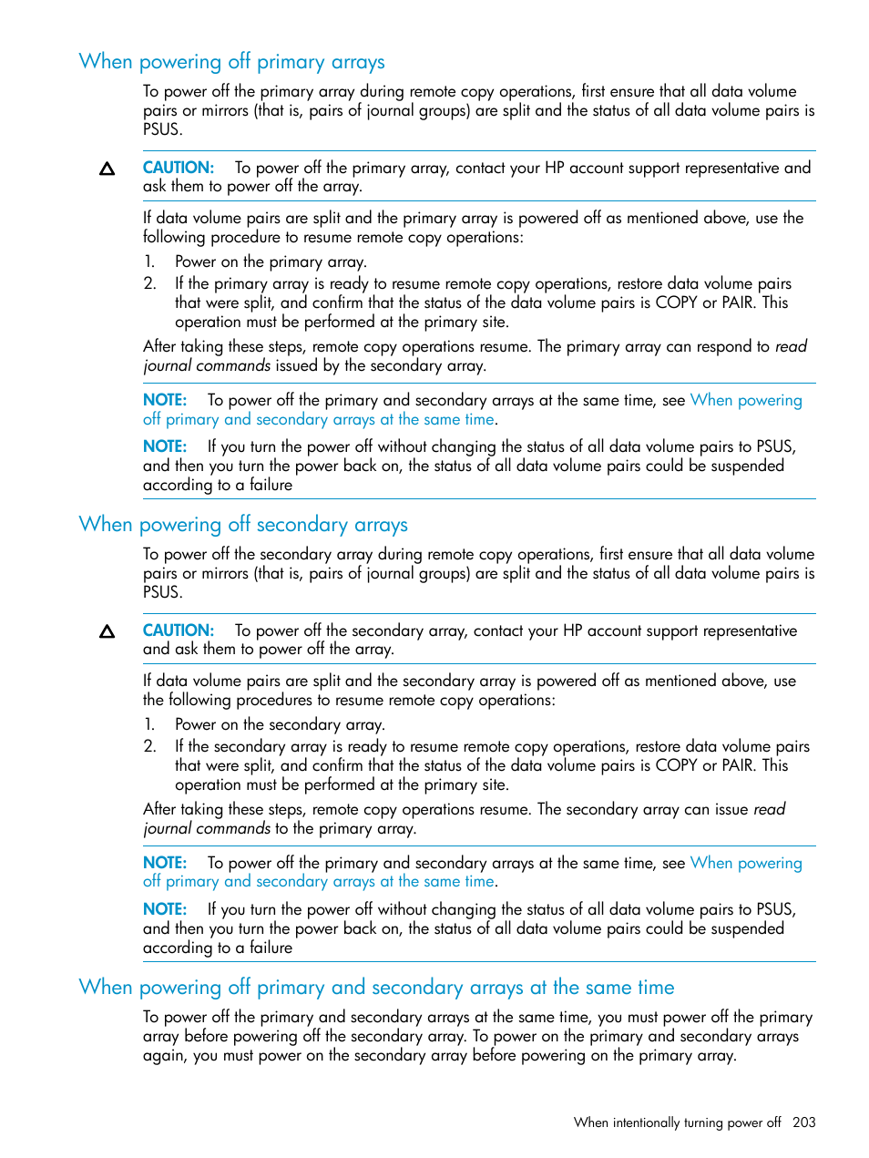 When powering off primary arrays, When powering off secondary arrays | HP XP Continuous Access Software User Manual | Page 203 / 215