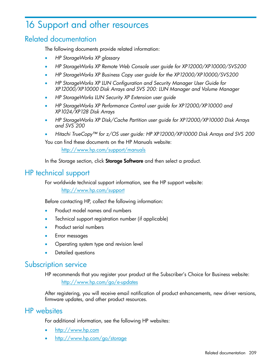 16 support and other resources, Related documentation, Hp technical support | Subscription service, Hp websites | HP XP Continuous Access Software User Manual | Page 209 / 215