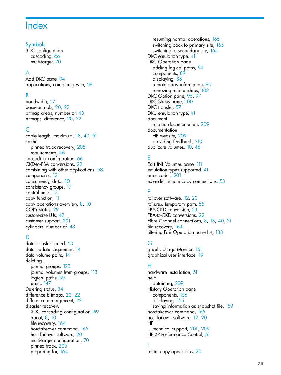 Index | HP XP Continuous Access Software User Manual | Page 211 / 215