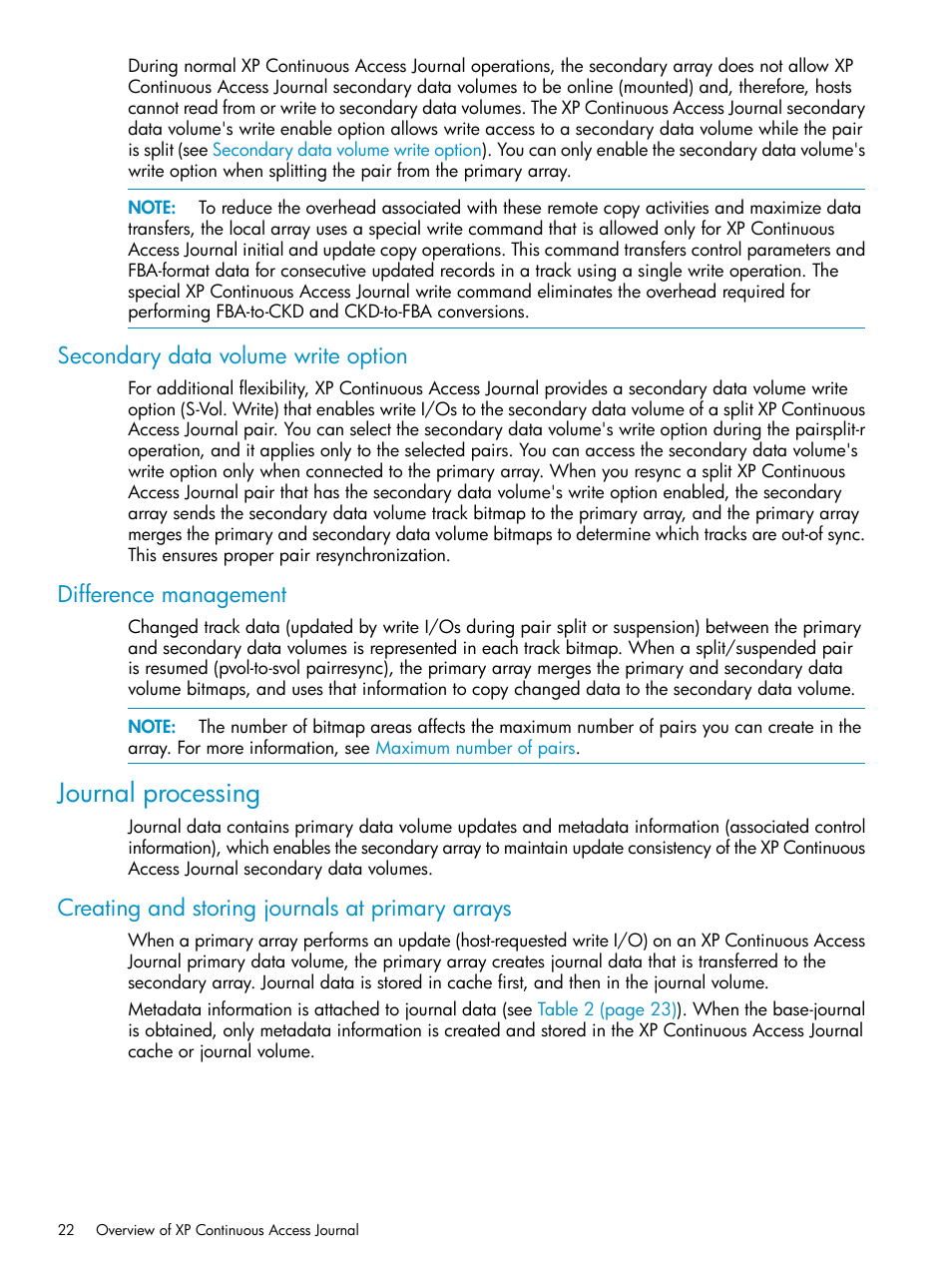 Secondary data volume write option, Difference management, Journal processing | Creating and storing journals at primary arrays | HP XP Continuous Access Software User Manual | Page 22 / 215