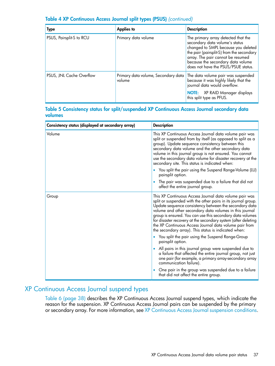 Xp continuous access journal suspend types | HP XP Continuous Access Software User Manual | Page 37 / 215