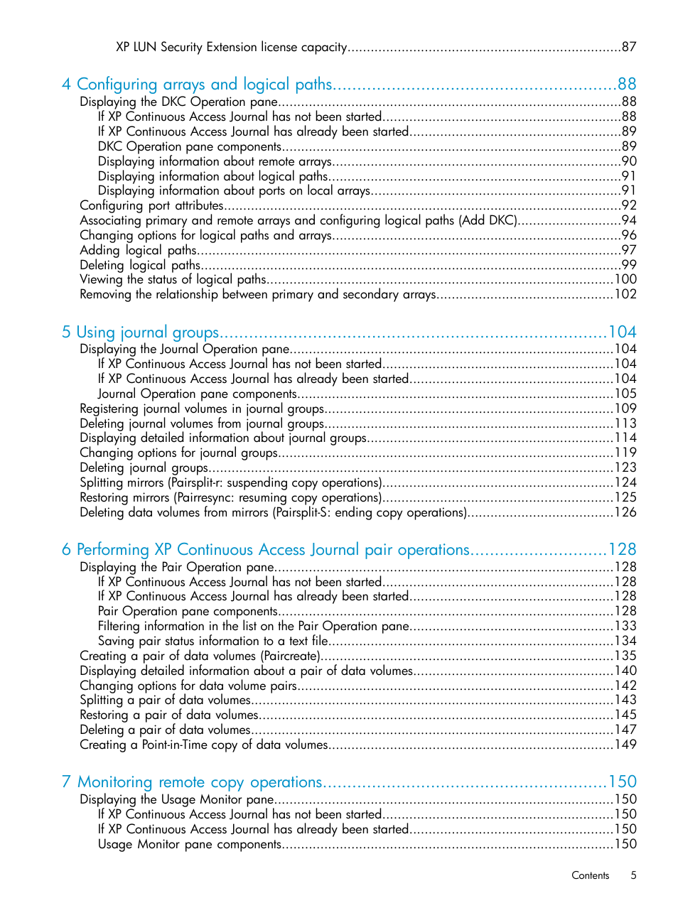 4 configuring arrays and logical paths, 5 using journal groups, 7 monitoring remote copy operations | HP XP Continuous Access Software User Manual | Page 5 / 215