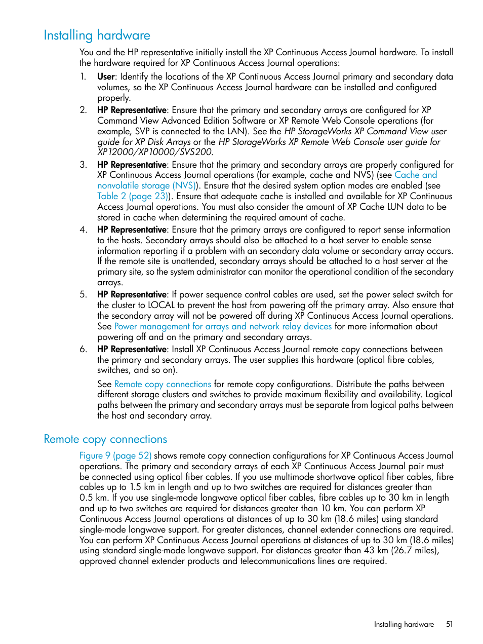 Installing hardware, Remote copy connections | HP XP Continuous Access Software User Manual | Page 51 / 215