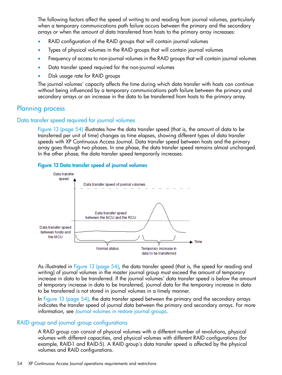 Planning process, Data transfer speed required for journal volumes, Raid group and journal group configurations | HP XP Continuous Access Software User Manual | Page 54 / 215