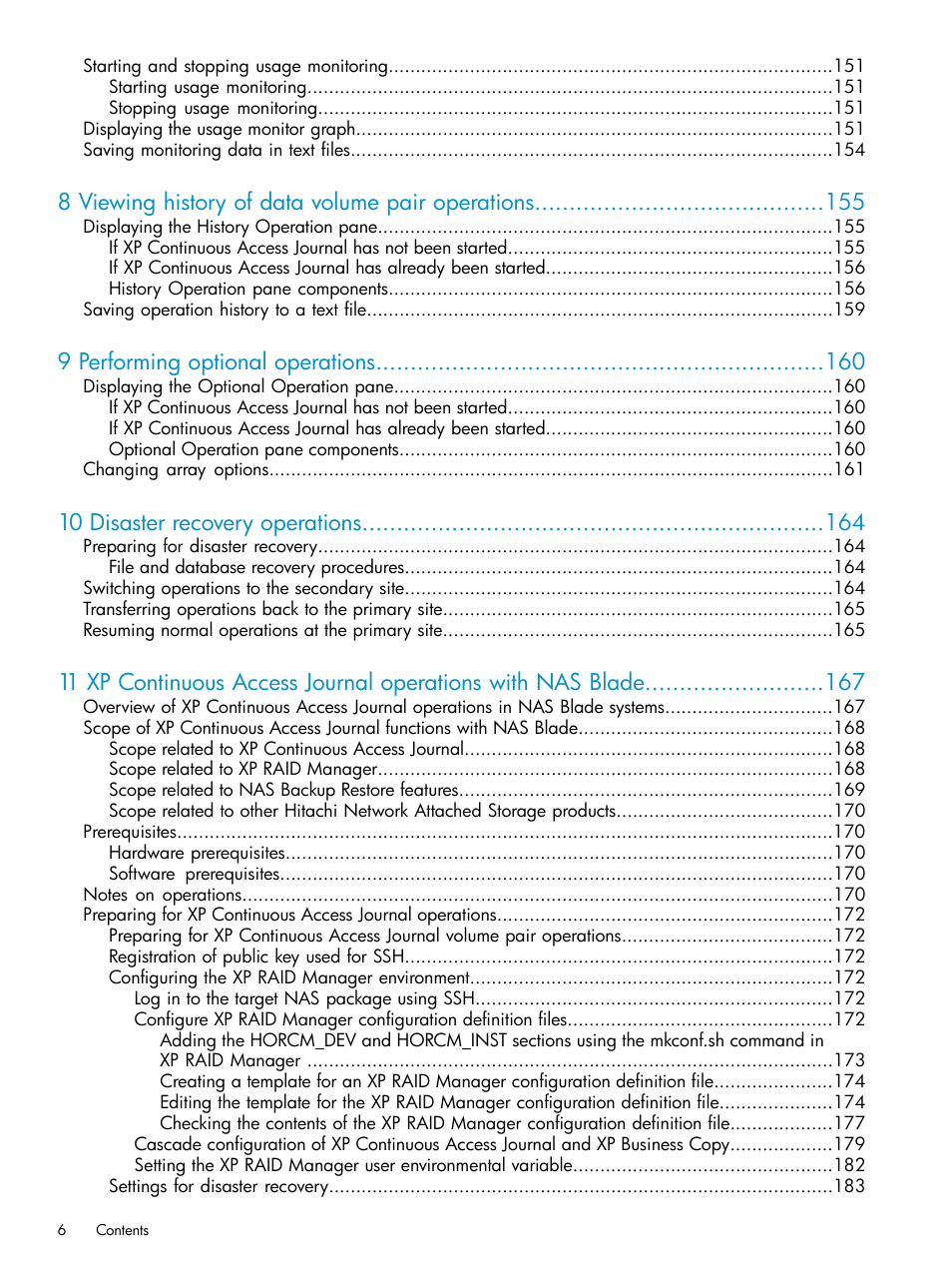 8 viewing history of data volume pair operations, 9 performing optional operations, 10 disaster recovery operations | HP XP Continuous Access Software User Manual | Page 6 / 215