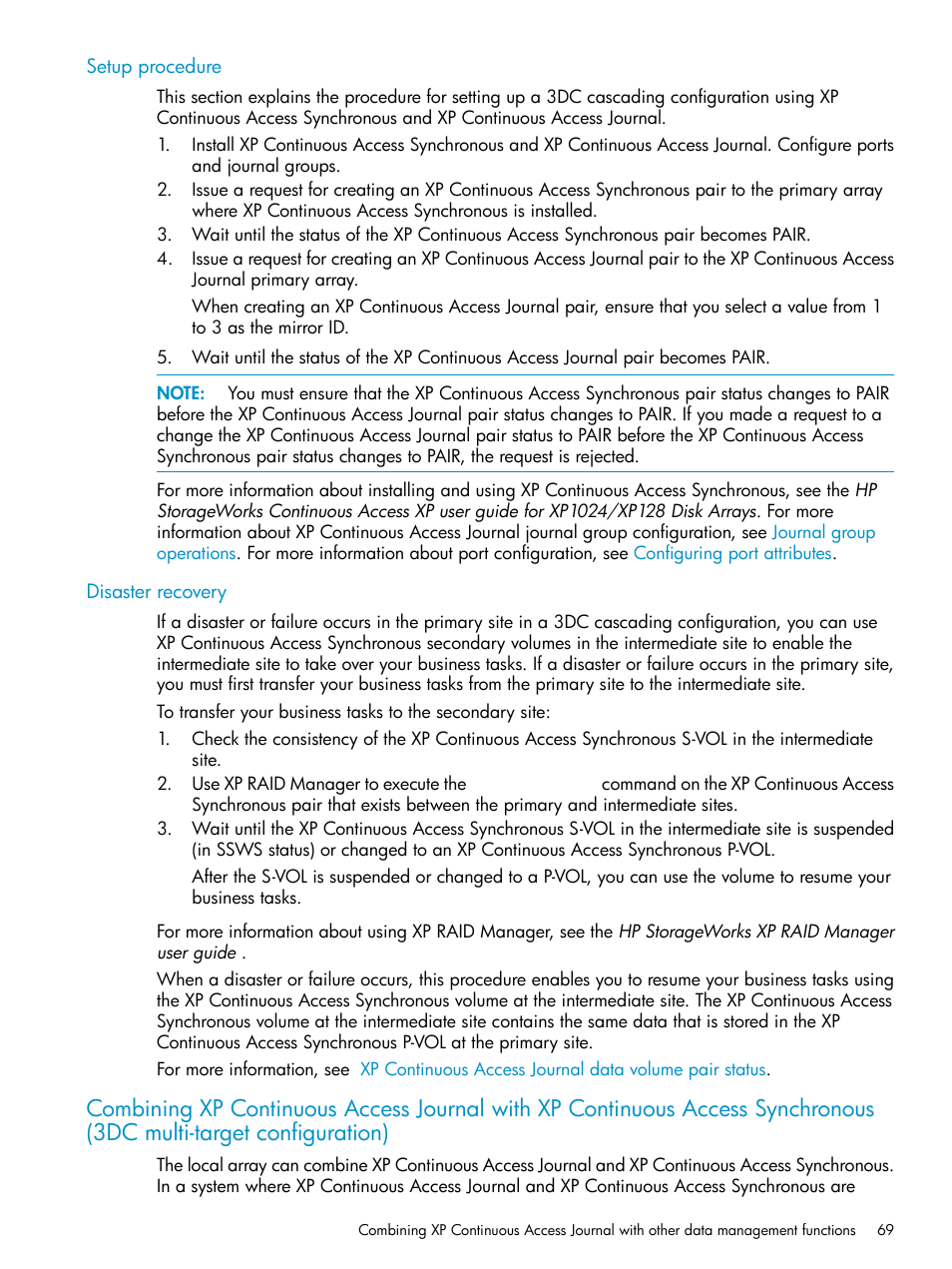 Setup procedure, Disaster recovery, Setup procedure disaster recovery | Combining, Synchronous (3dc multi-target configuration) | HP XP Continuous Access Software User Manual | Page 69 / 215