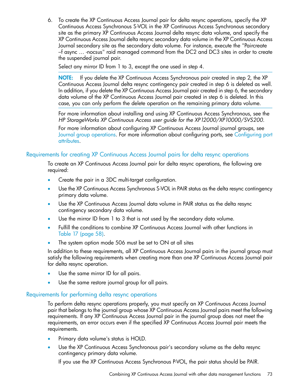 Requirements for, Requirements for creating xp, Requirements for performing delta resync | Operations | HP XP Continuous Access Software User Manual | Page 73 / 215