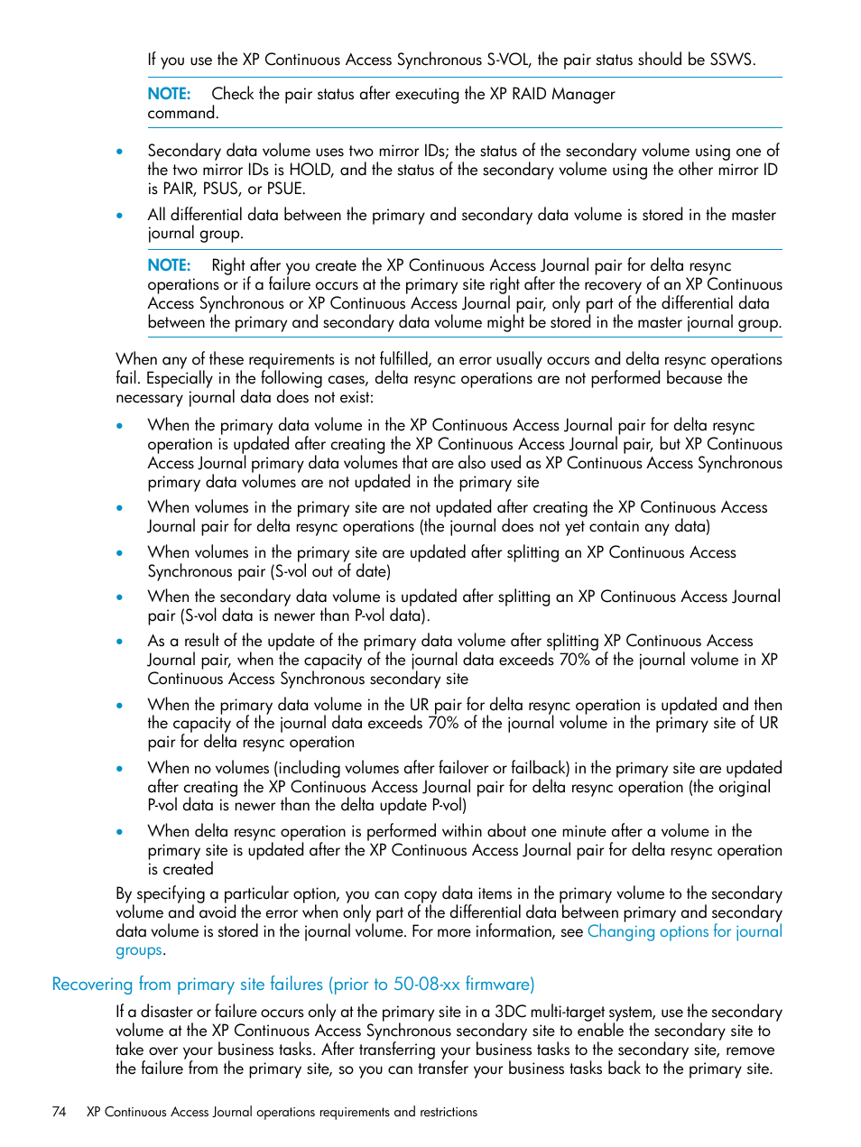 Recovering from primary site failures | HP XP Continuous Access Software User Manual | Page 74 / 215