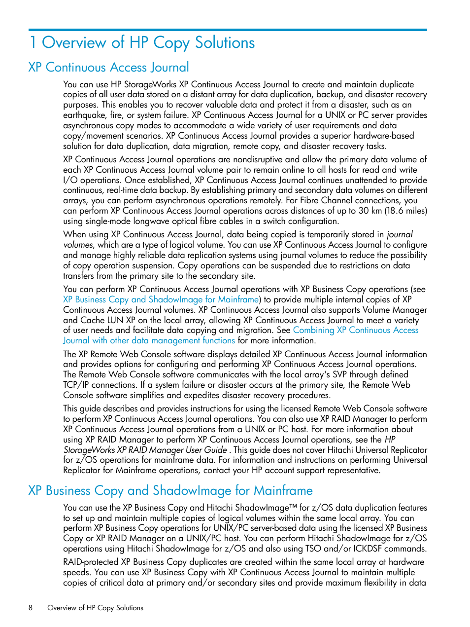 1 overview of hp copy solutions, Xp continuous access journal, Xp business copy and shadowimage for mainframe | HP XP Continuous Access Software User Manual | Page 8 / 215