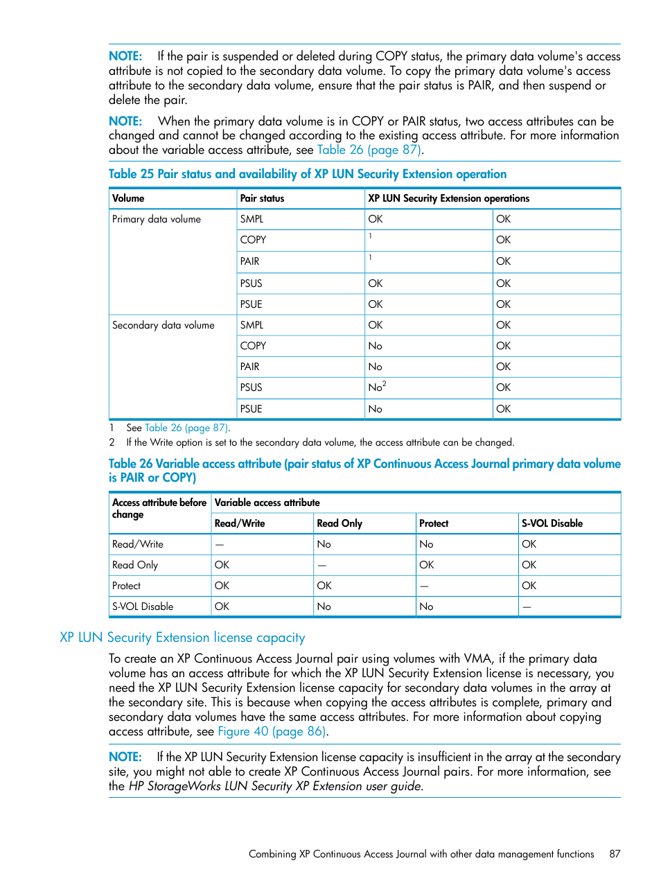 Xp lun security extension license capacity | HP XP Continuous Access Software User Manual | Page 87 / 215