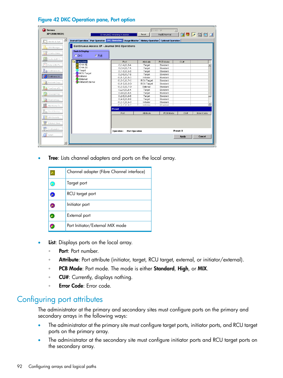 Configuring port attributes, Configuring port, Attributes | HP XP Continuous Access Software User Manual | Page 92 / 215