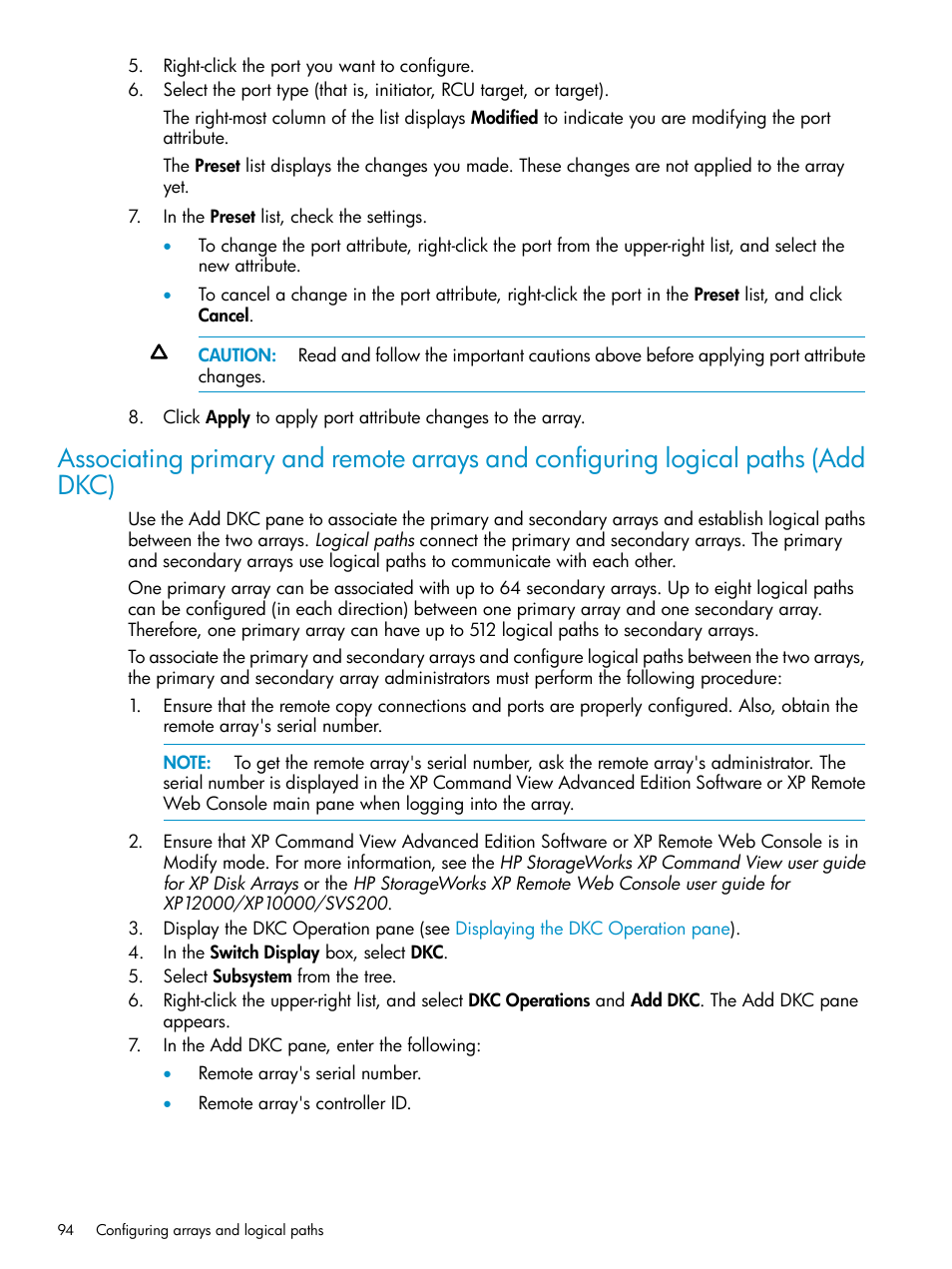 Associating primary and remote, Arrays and configuring logical paths (add dkc), Associating primary | HP XP Continuous Access Software User Manual | Page 94 / 215