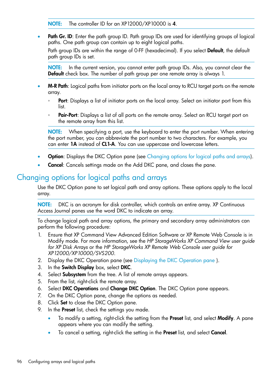 Changing options for logical paths and arrays | HP XP Continuous Access Software User Manual | Page 96 / 215
