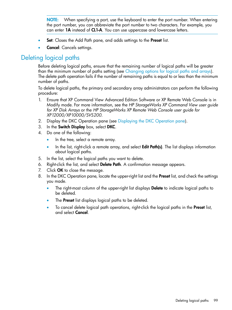 Deleting logical paths | HP XP Continuous Access Software User Manual | Page 99 / 215