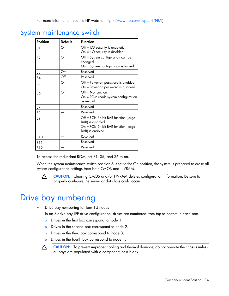 System maintenance switch, Drive bay numbering | HP ProLiant SL210t Gen8 Server User Manual | Page 14 / 103