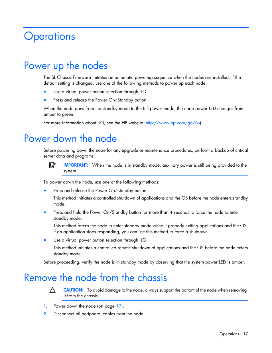 Operations, Power up the nodes, Power down the node | Remove the node from the chassis | HP ProLiant SL210t Gen8 Server User Manual | Page 17 / 103