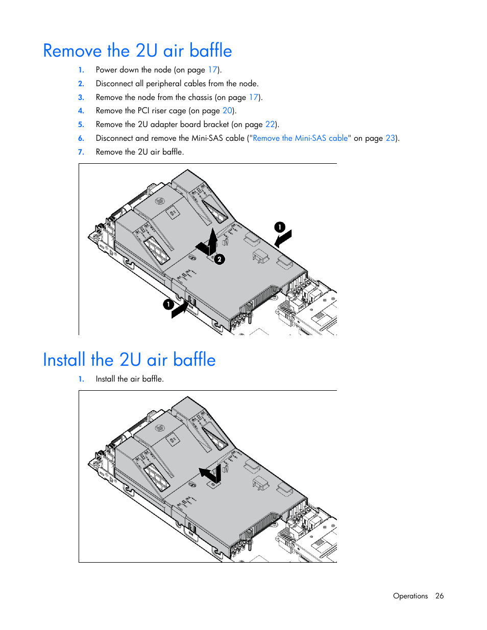 Remove the 2u air baffle, Install the 2u air baffle | HP ProLiant SL210t Gen8 Server User Manual | Page 26 / 103