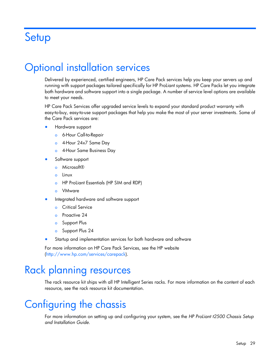 Setup, Optional installation services, Rack planning resources | Configuring the chassis | HP ProLiant SL210t Gen8 Server User Manual | Page 29 / 103