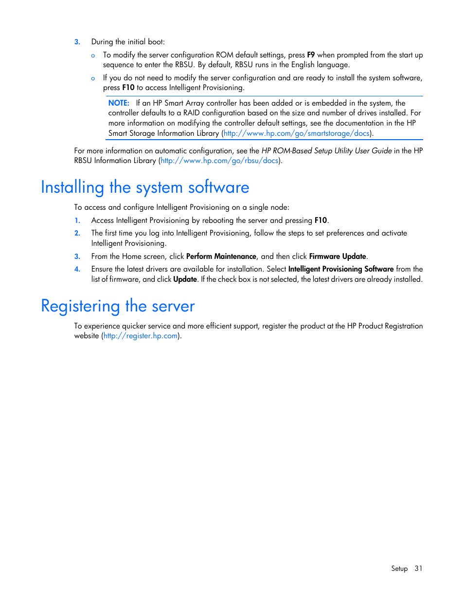 Installing the system software, Registering the server | HP ProLiant SL210t Gen8 Server User Manual | Page 31 / 103