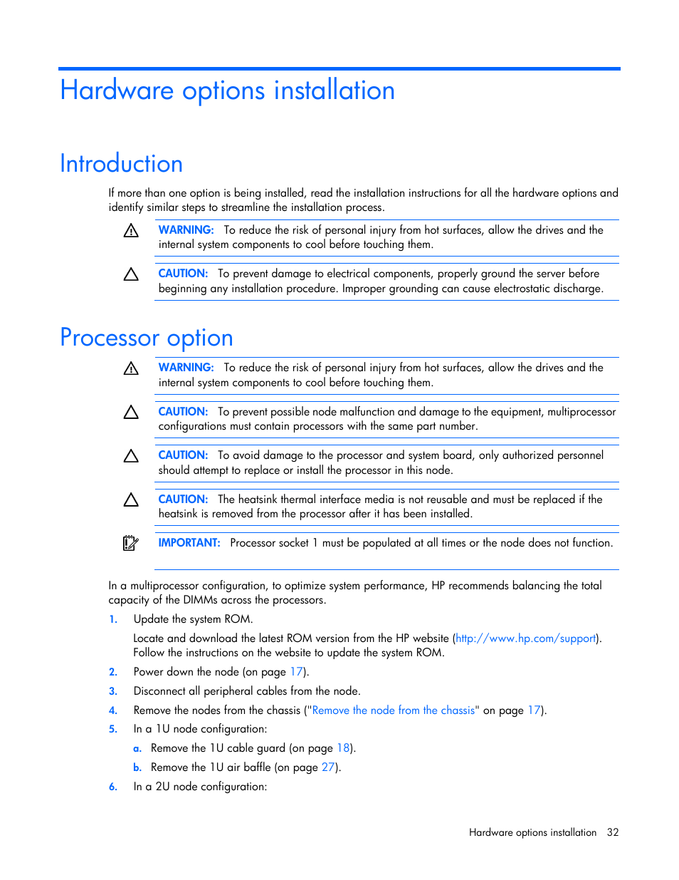 Hardware options installation, Introduction, Processor option | HP ProLiant SL210t Gen8 Server User Manual | Page 32 / 103