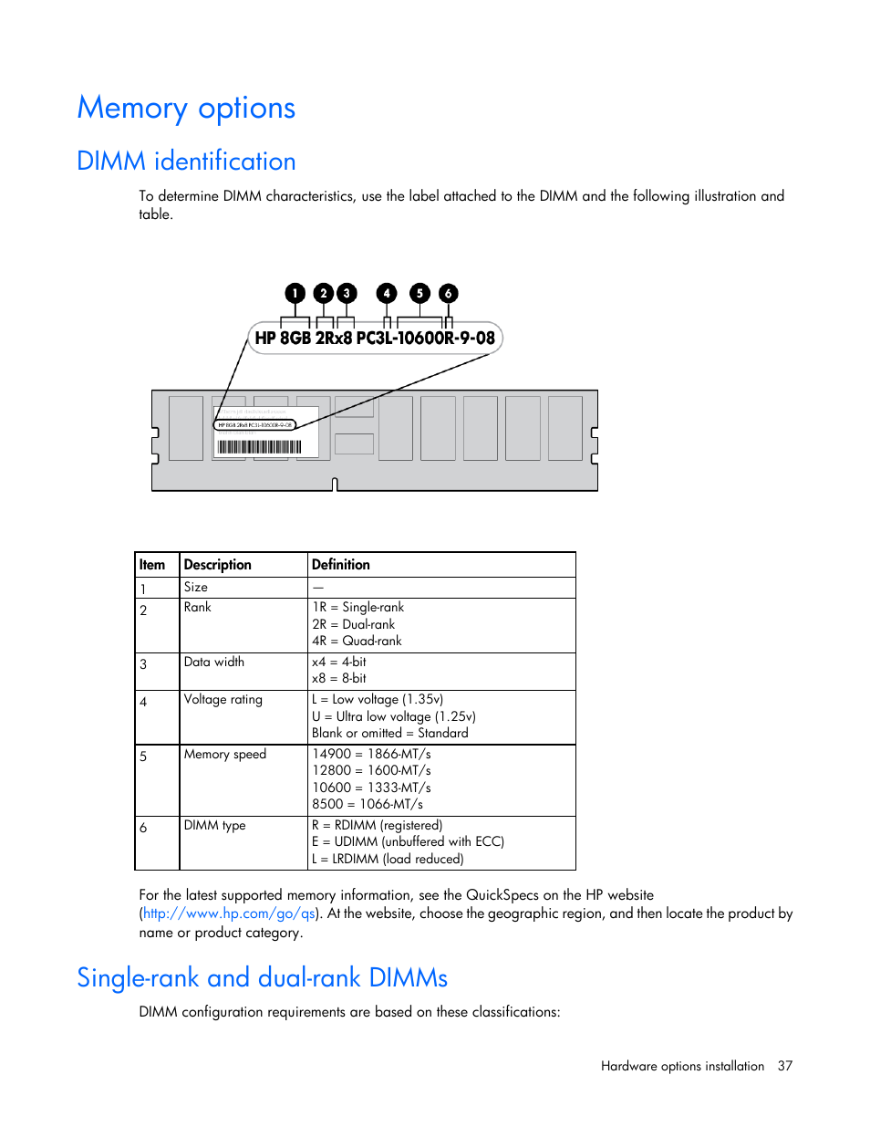 Memory options, Dimm identification, Single-rank and dual-rank dimms | HP ProLiant SL210t Gen8 Server User Manual | Page 37 / 103
